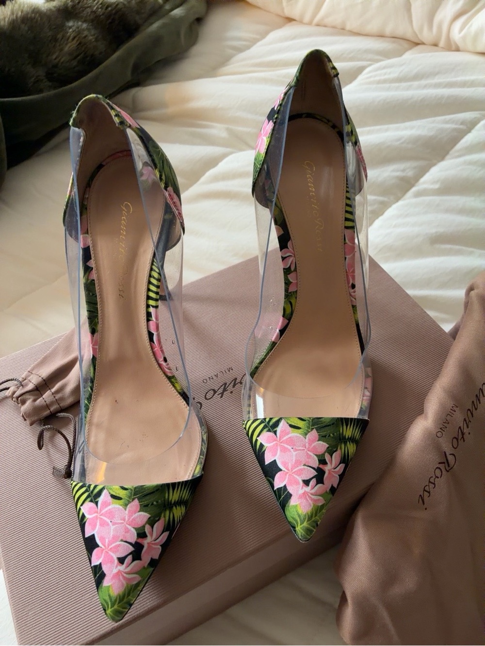Gianvito Rossi Pink Floral Pointed Toe Clear-Sided Pumps